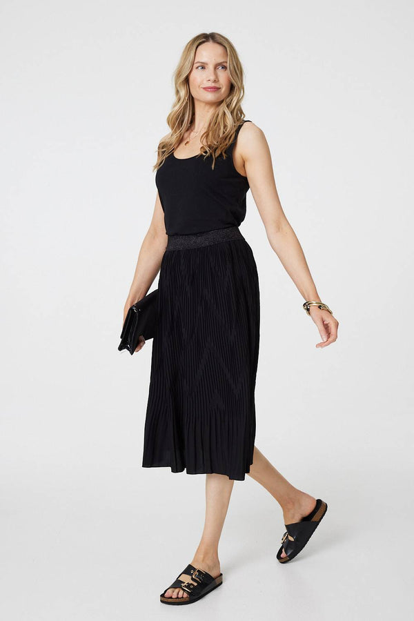 Black | Pleated High Waist A-Line Midi Skirt