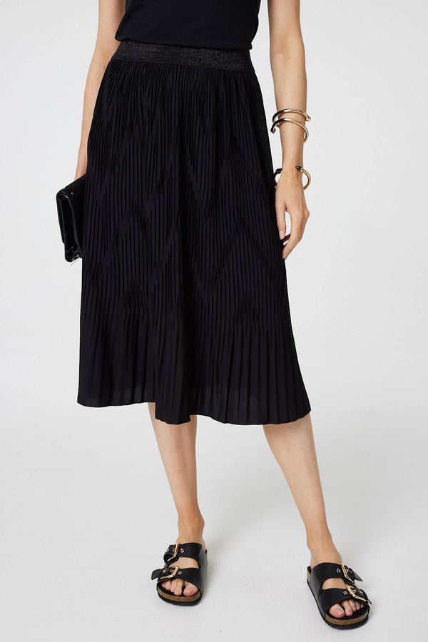 Black | Pleated High Waist A-Line Midi Skirt