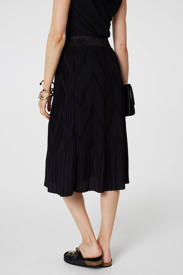 Black | Pleated High Waist A-Line Midi Skirt