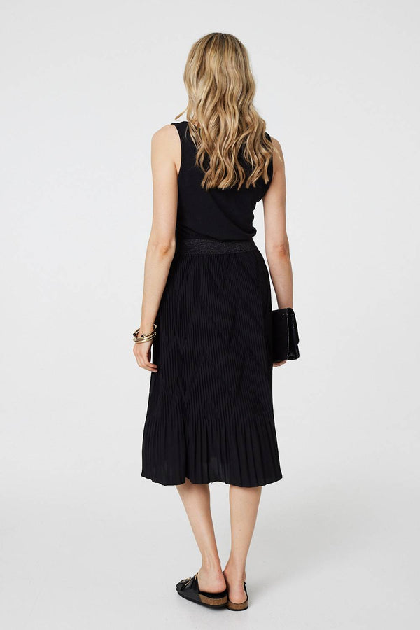 Black | Pleated High Waist A-Line Midi Skirt