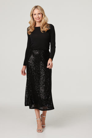 Black | Sequin High Waist Semi Sheer Midi Skirt
