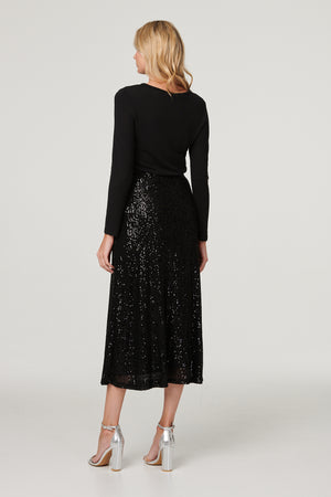 Black | Sequin High Waist Semi Sheer Midi Skirt
