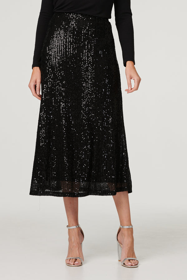 Black | Sequin High Waist Semi Sheer Midi Skirt
