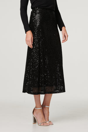 Black | Sequin High Waist Semi Sheer Midi Skirt
