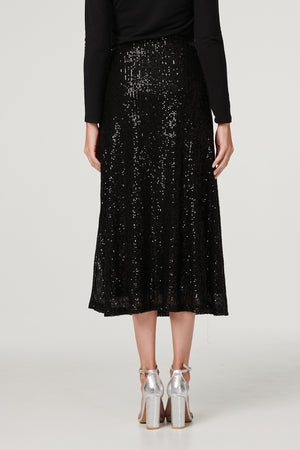 Black | Sequin High Waist Semi Sheer Midi Skirt
