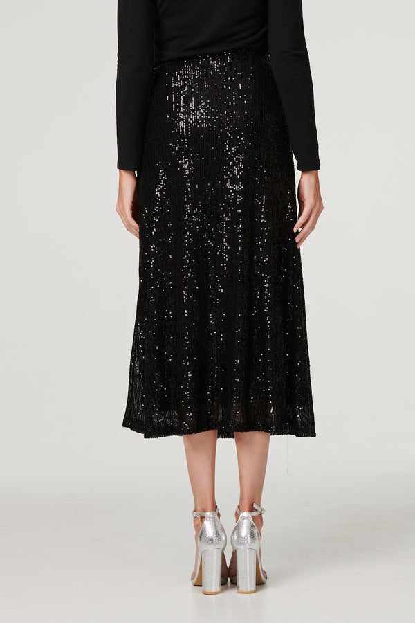 Black | Sequin High Waist Semi Sheer Midi Skirt
