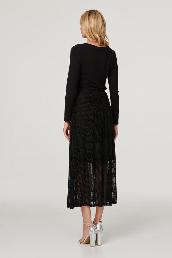 Black | Metallic High Waist Maxi Skirt