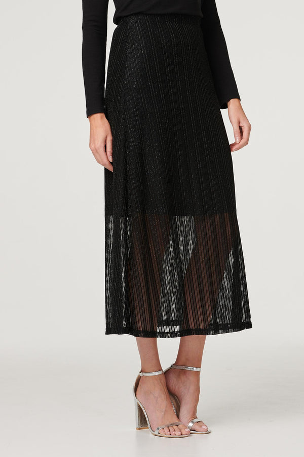 Black | Metallic High Waist Maxi Skirt