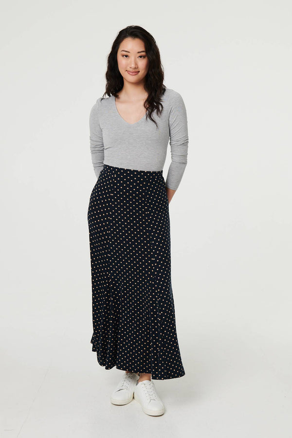 Navy | Polka Dot Print High Waist Maxi Skirt
