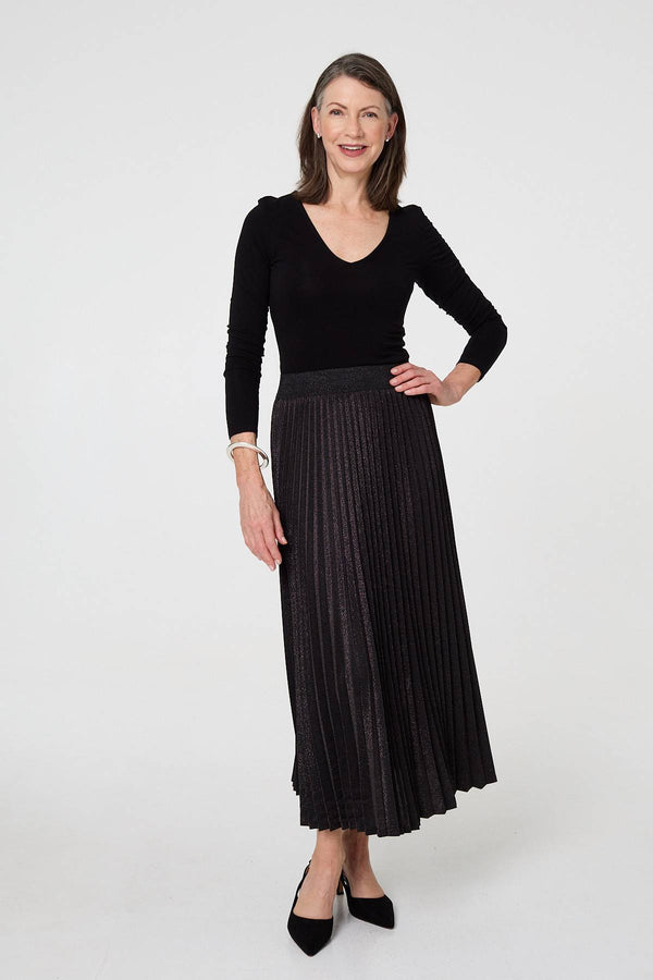 Black | Sparkly Pleated High Waist Maxi Skirt
