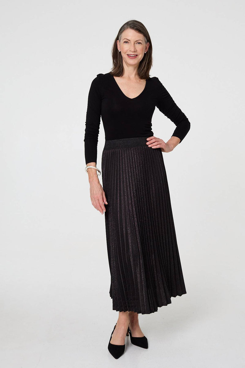 Sparkly Pleated High Waist Maxi Skirt