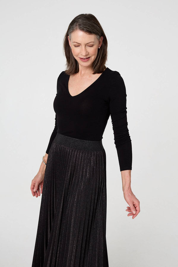 Black | Sparkly Pleated High Waist Maxi Skirt
