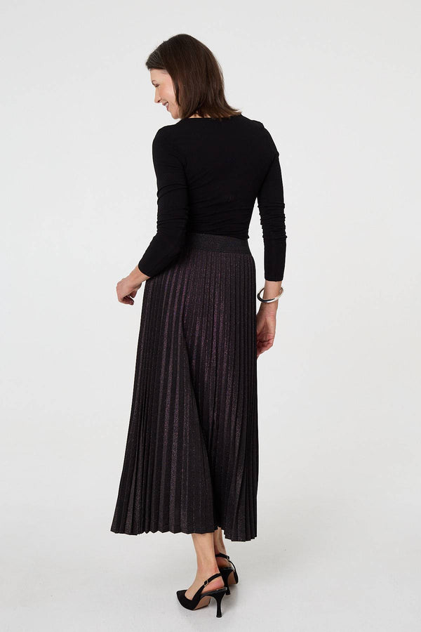 Black | Sparkly Pleated High Waist Maxi Skirt
