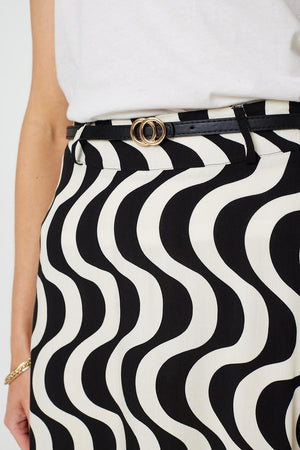 Black | Wave Print Hanky Hem Belt Midi Skirt