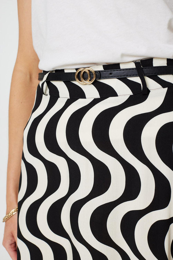 Black | Wave Print Hanky Hem Belt Midi Skirt