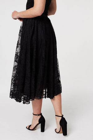 Black | Lace High Waist Midi Skirt