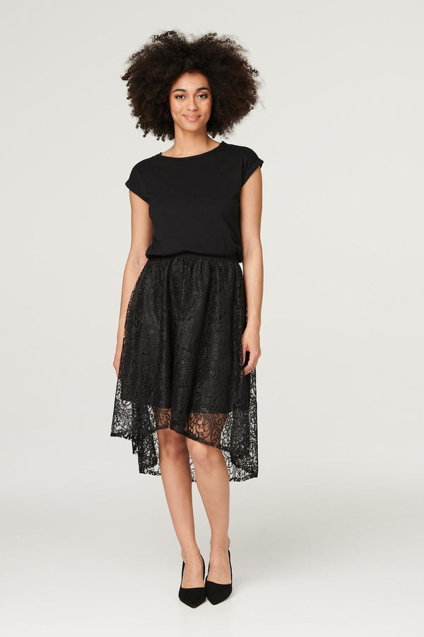 Black | Lace High Low Midi Skirt
