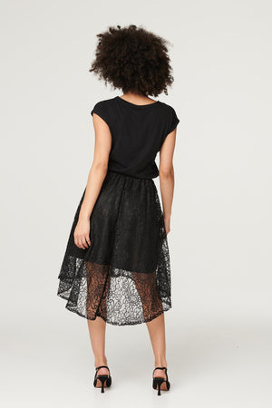 Black | Lace High Low Midi Skirt