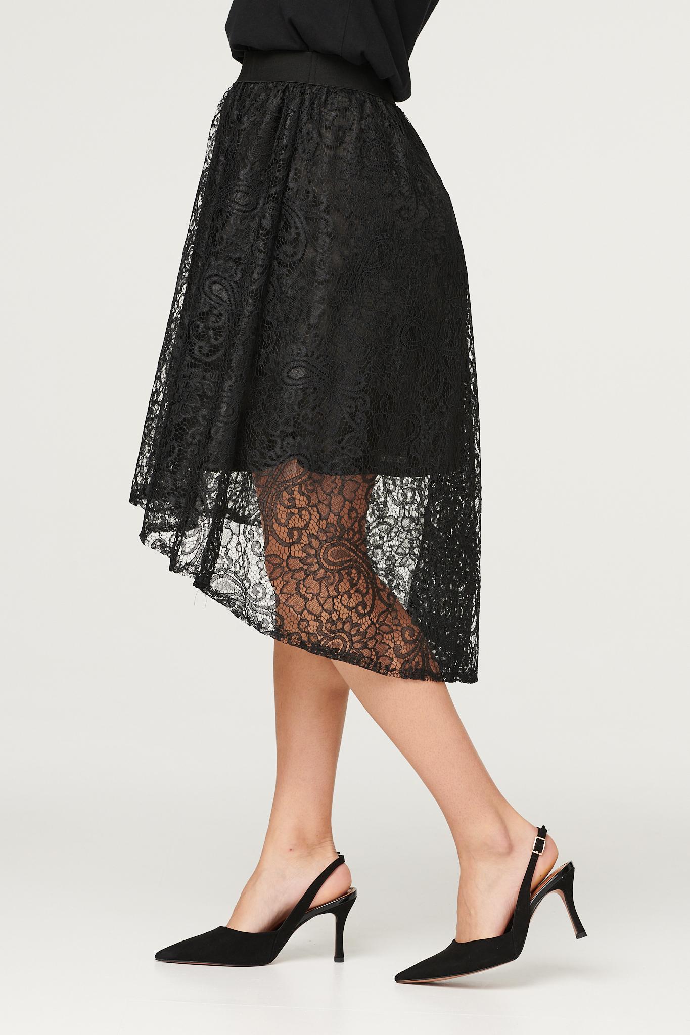 Black | Lace High Low Midi Skirt