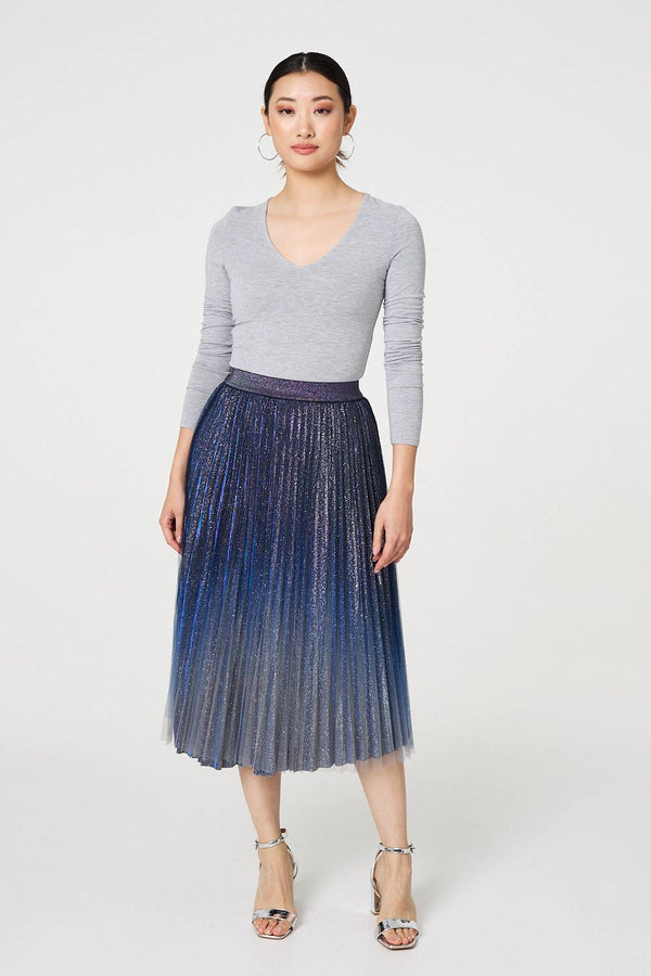 Blue | Glittery Sheer Mesh Pleated Midi Skirt

