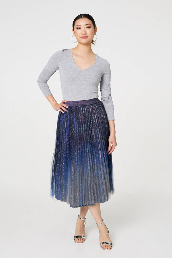 Blue | Glittery Sheer Mesh Pleated Midi Skirt
