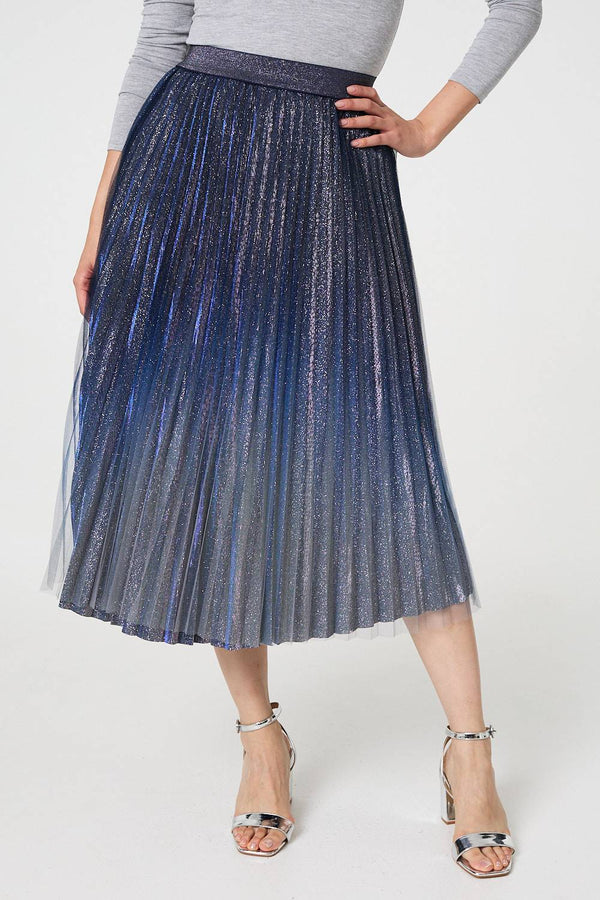 Blue | Glittery Sheer Mesh Pleated Midi Skirt

