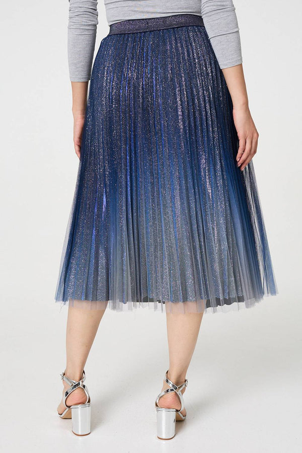 Blue | Glittery Sheer Mesh Pleated Midi Skirt
