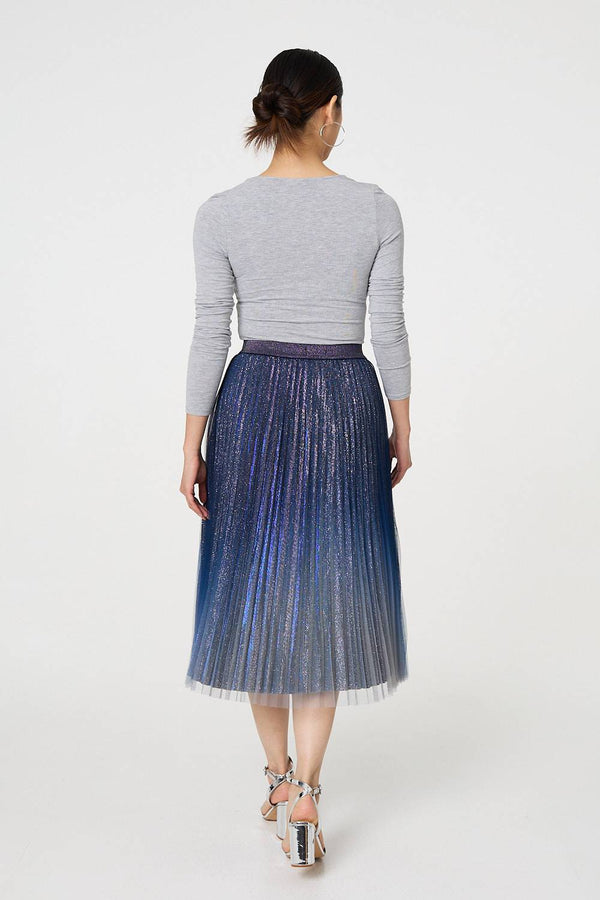 Blue | Glittery Sheer Mesh Pleated Midi Skirt

