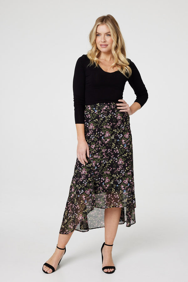 Black | Floral Semi Sheer High Low Skirt