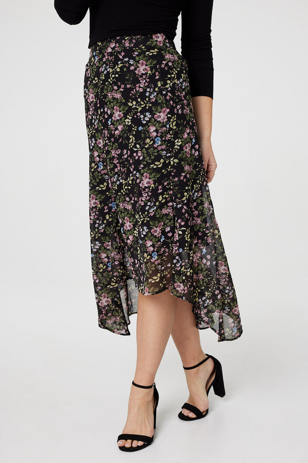 Black | Floral Semi Sheer High Low Skirt