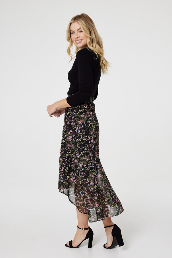 Black | Floral Semi Sheer High Low Skirt