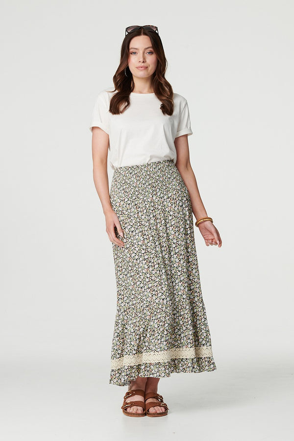 Green | Ditsy Floral Lace Trim Maxi Skirt