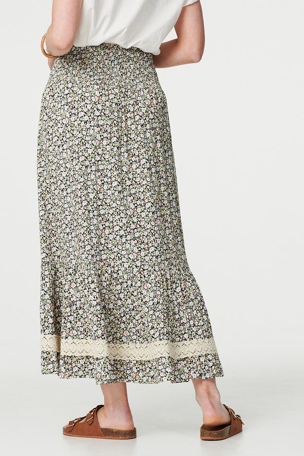 Green | Ditsy Floral Lace Trim Maxi Skirt
