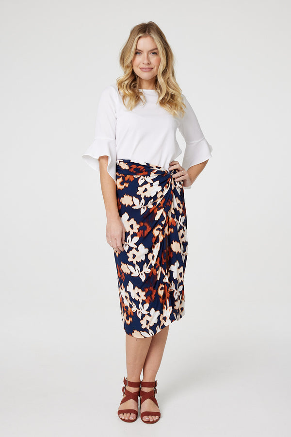 Navy | Floral Ruched High Waist Midi Skirt : Model is 5'10"/178 cm and wears UK8/EU36/US4/AUS8