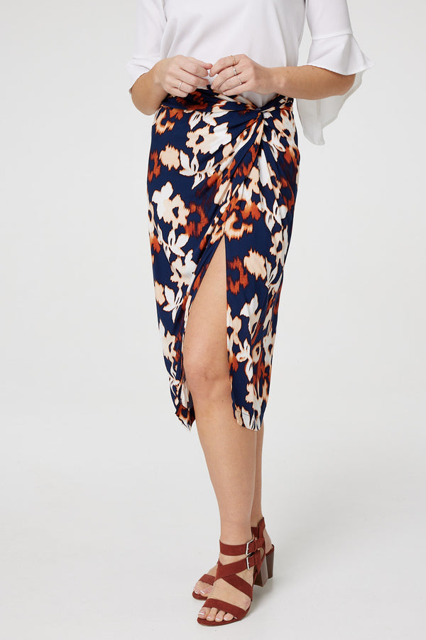 Navy | Floral Ruched High Waist Midi Skirt