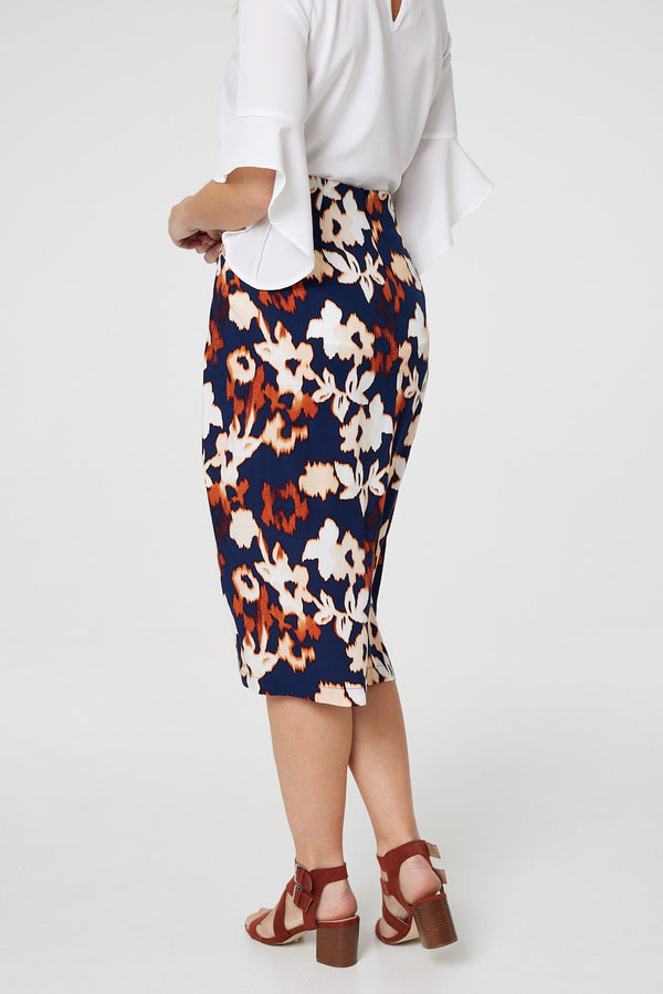 Navy | Floral Ruched High Waist Midi Skirt