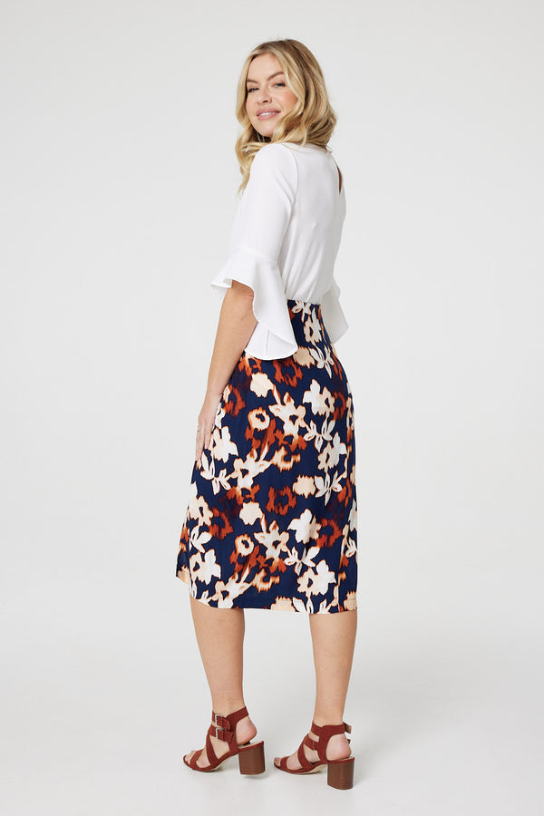 Navy | Floral Ruched High Waist Midi Skirt