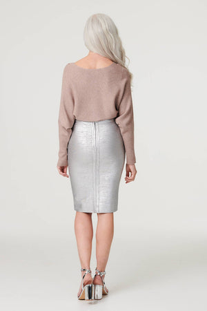 Silver | Metallic High Waist Pencil Skirt