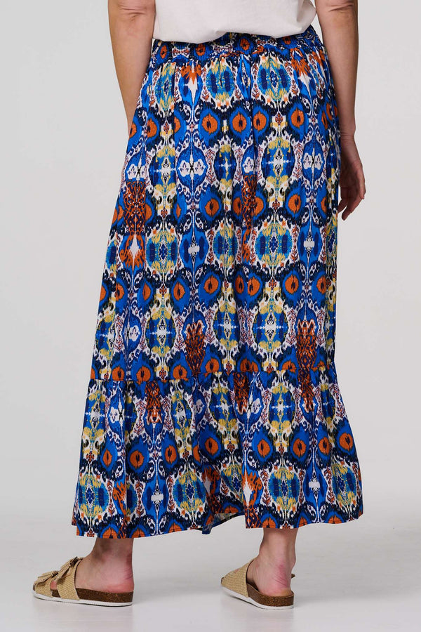 Blue | Printed Shirred High Waist Maxi Skirt