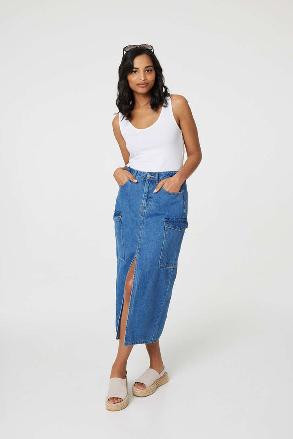 Blue | Denim High Waist Split Midi Skirt