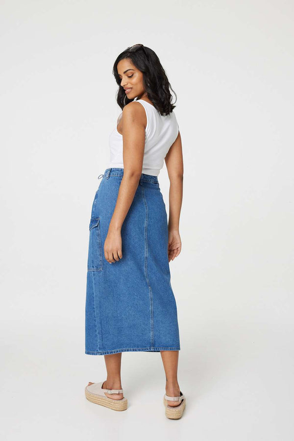 Blue | Denim High Waist Split Midi Skirt