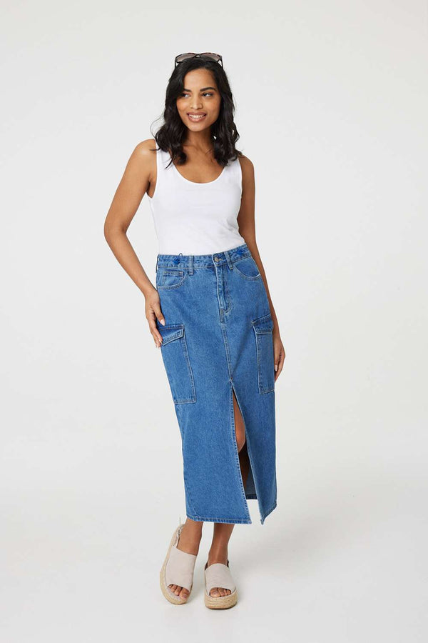 Blue | Denim High Waist Split Midi Skirt