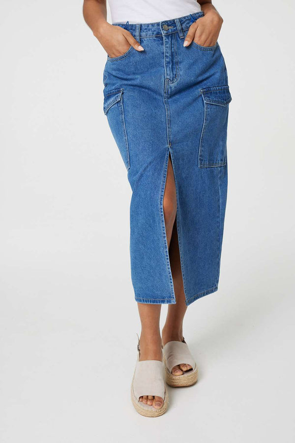 Blue | Denim High Waist Split Midi Skirt