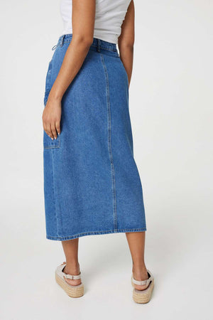 Blue | Denim High Waist Split Midi Skirt