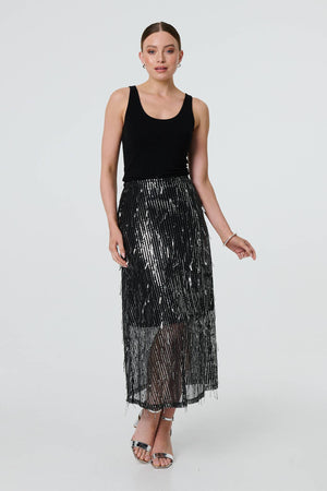 Black | Sparkly Striped Mesh Layer Midi Skirt : Model is 5'9