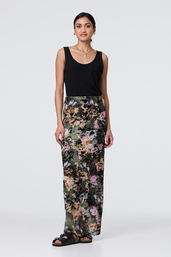 Green | Floral Mesh High Waist Straight Maxi Skirt
