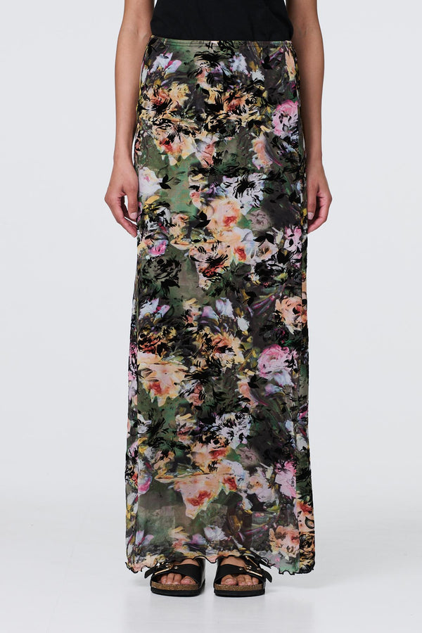 Green | Floral Mesh High Waist Straight Maxi Skirt
