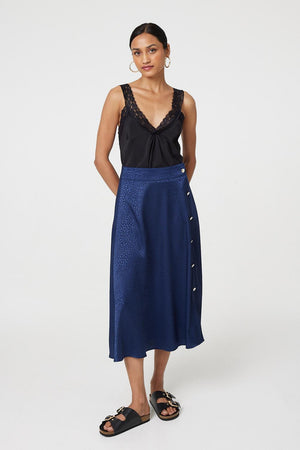Navy | Animal Print Button Detail Midi Skirt
