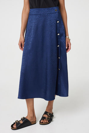 Navy | Animal Print Button Detail Midi Skirt
