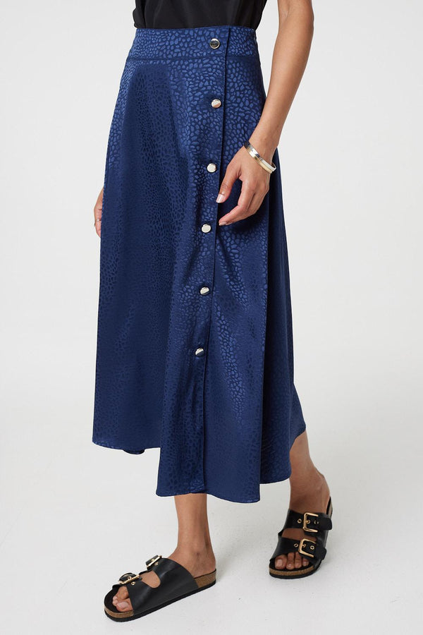 Navy | Animal Print Button Detail Midi Skirt

